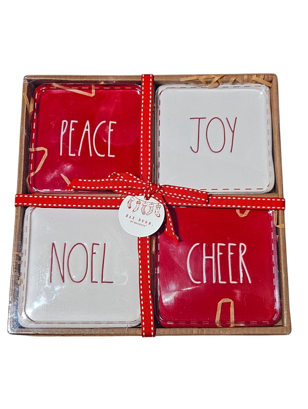 Rae Dunn Christmas Holiday Red & White Ceramic Coasters Boxed Gift Set NEW